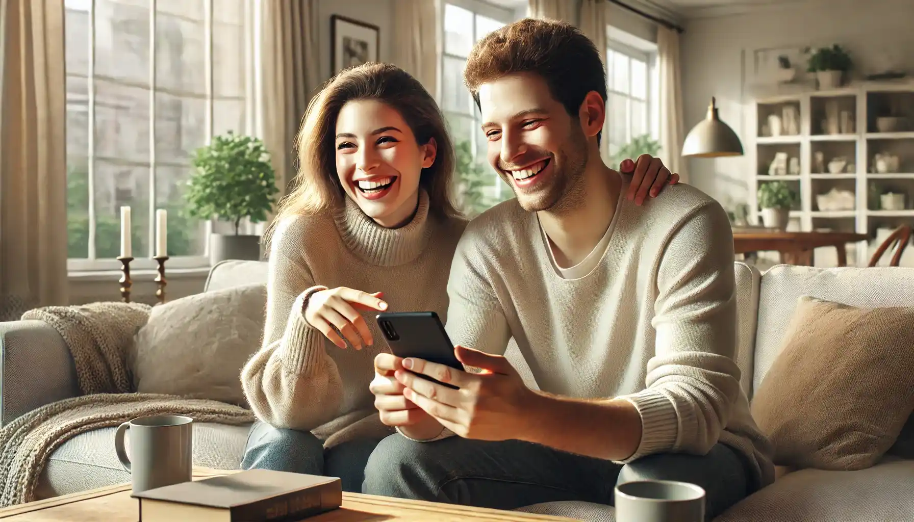 a smiling woman and a laughing man using a smartphone together in a modern and cozy setting. 