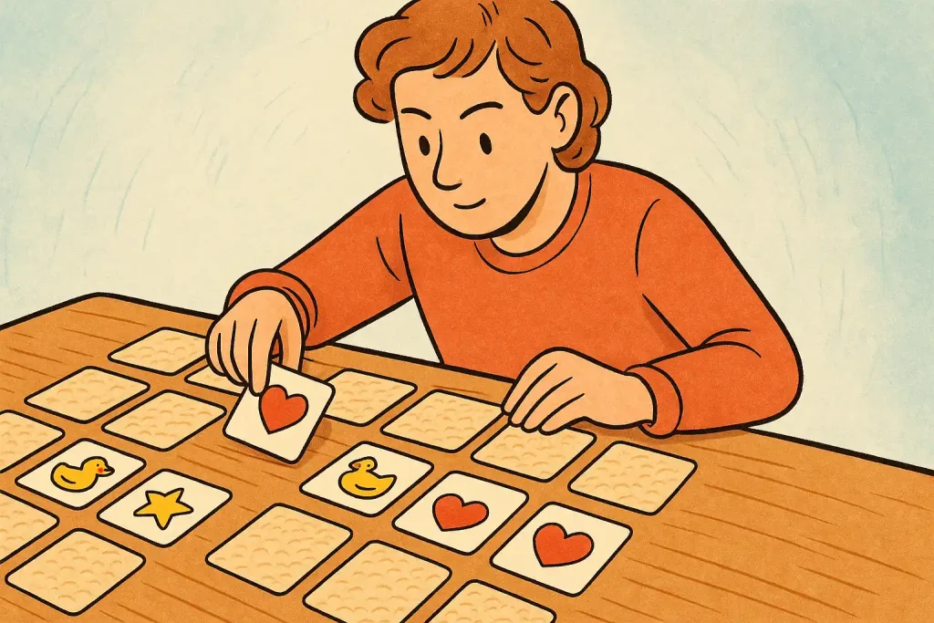 Person arranging and matching cards while playing a memory-boosting game.