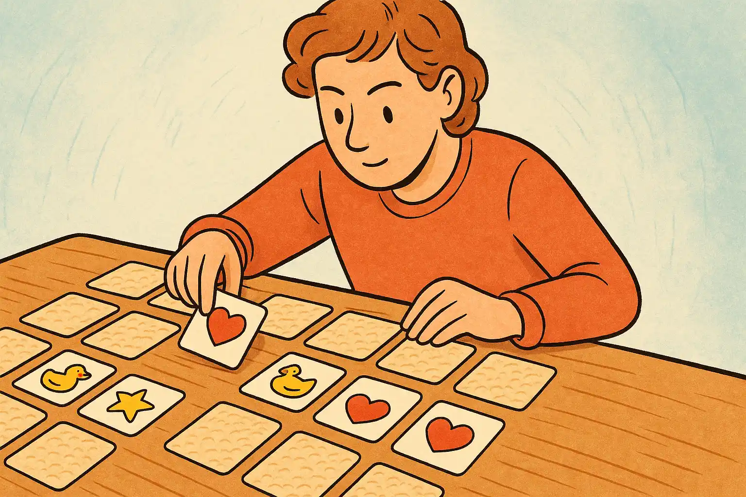 Person arranging and matching cards while playing a memory-boosting game.
