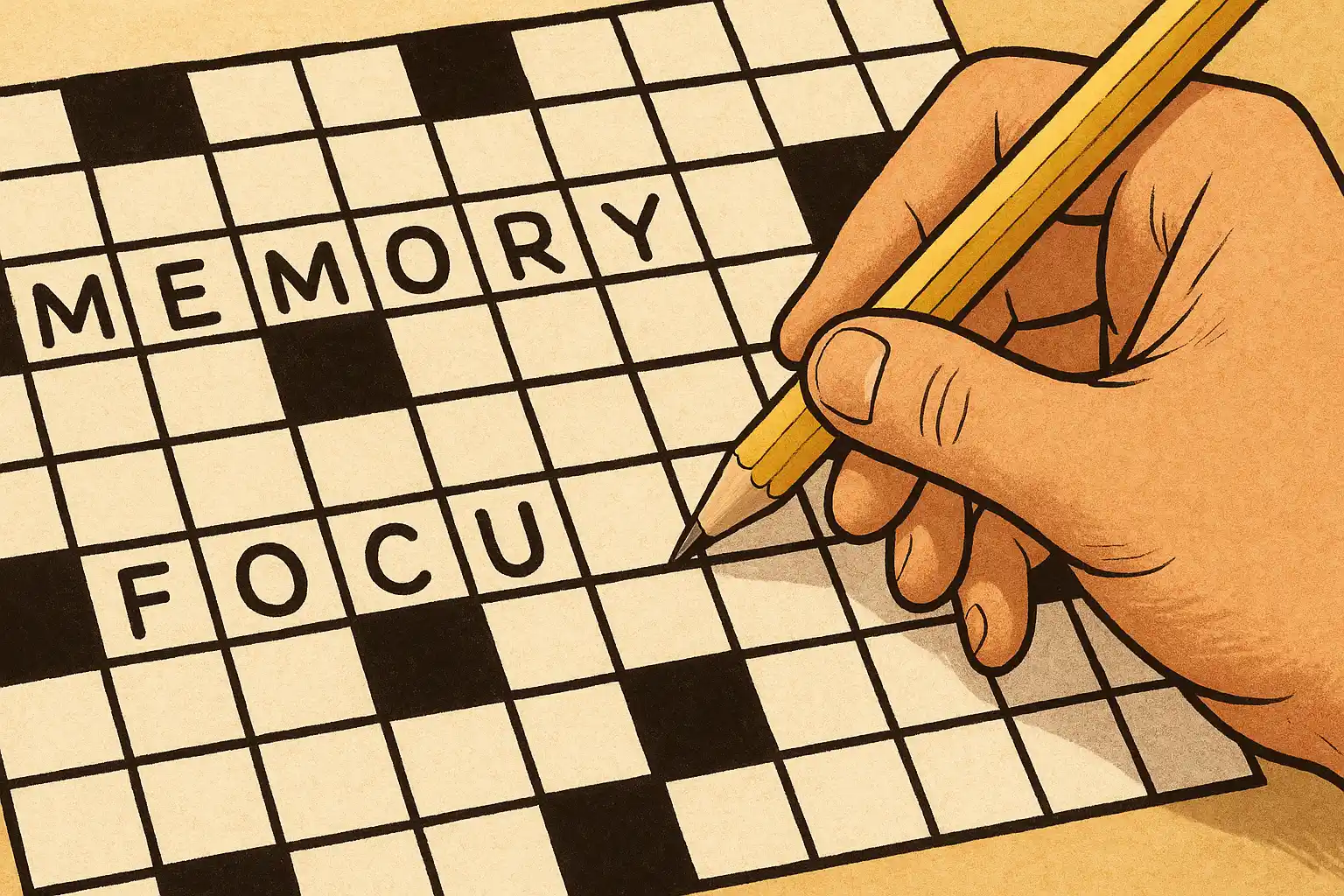 Close-up of a crossword puzzle being filled in with a pencil to improve memory and focus.