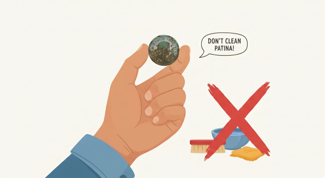 illustration showing that people should not wash coins with patina